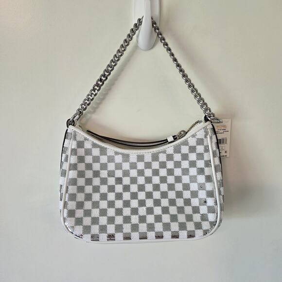 Michael Kors Jet Set Charm Checkered Sequins Pouchette Shoulder Bag  Silver NEW - Picture 2 of 6